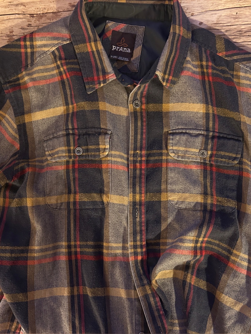 Prana plaid Button-Up Shirt in Olive, Mustard and Red